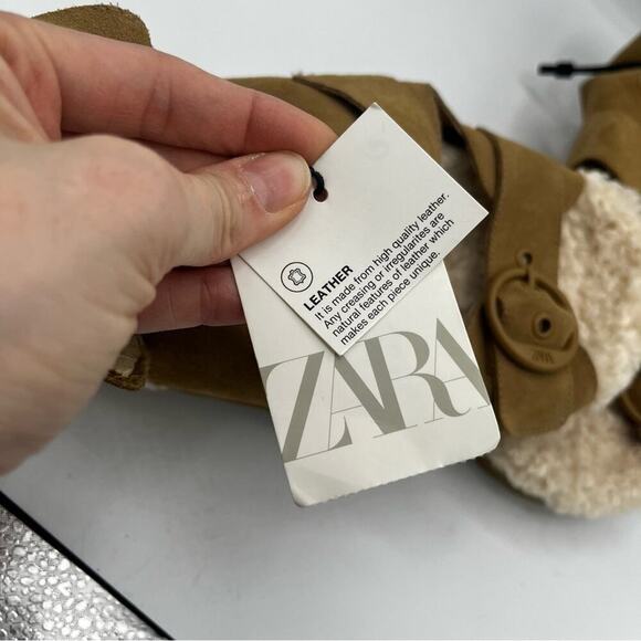NWT Zara Leather Shearling Buckle Sling Back Flat Sandal Slipper Brown Cream 39 - Picture 7 of 8